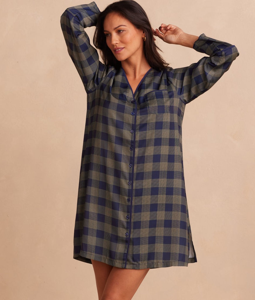 The Cloud 9 Boyfriend Sleep Shirt - Buffalo Check in Deep Sea & Gold