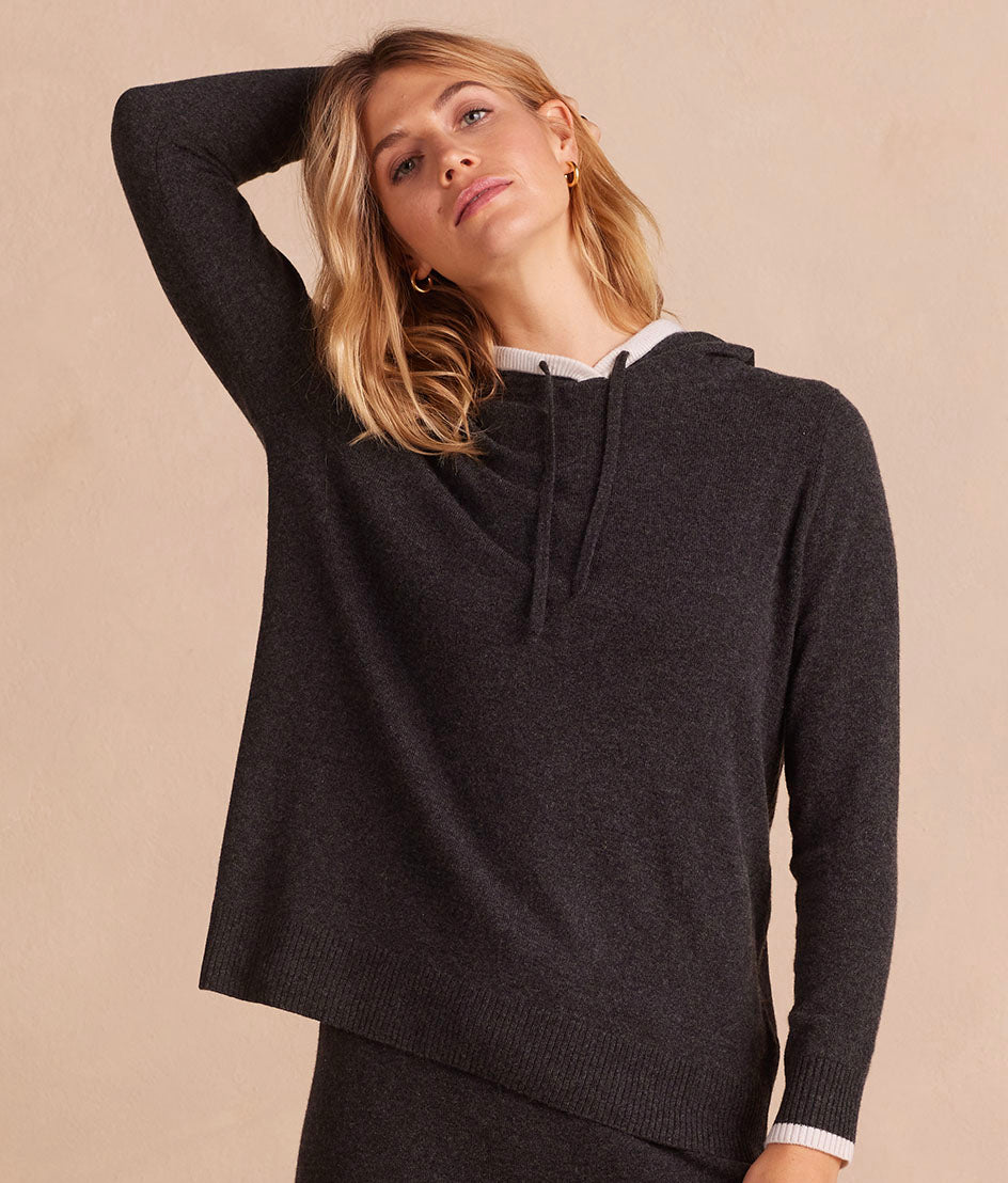The Coziest Cashmere Blend Hoodie - Charcoal & White Sand
