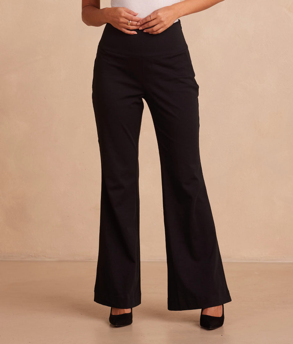 Faux Leather High-waisted Flare Leg Pants || David's Clothing