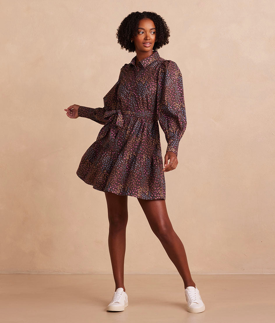 The Countryside Poplin Tiered Shirtdress - Floral Prairie in Chocolate