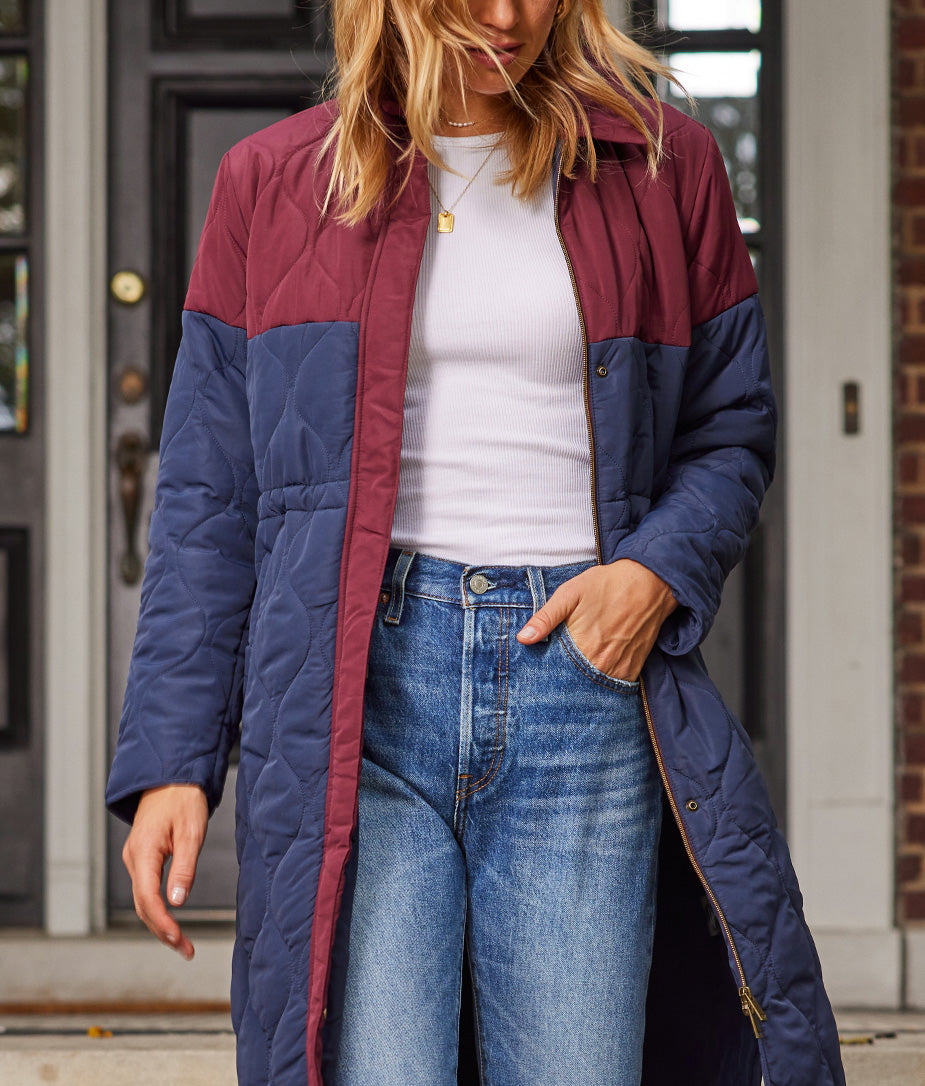 The Long Colorblock Eco Quilted Coat | Summersalt