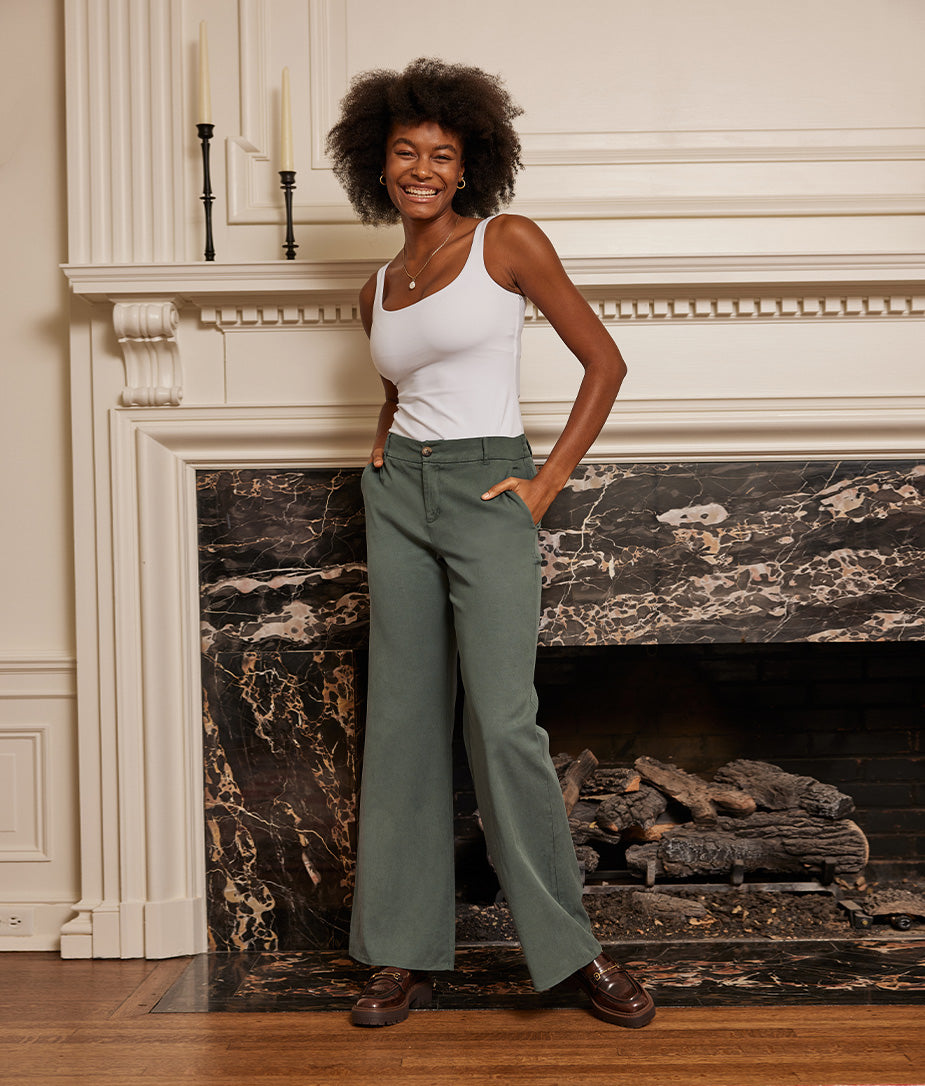 Solid Ribbed High Waist Flare Pants - Olive